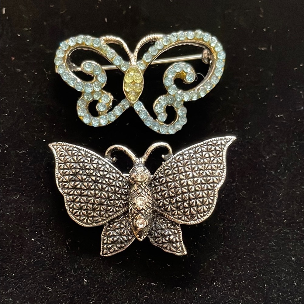 Vintage Butterfly Rhinestone and Silver tone Brooches